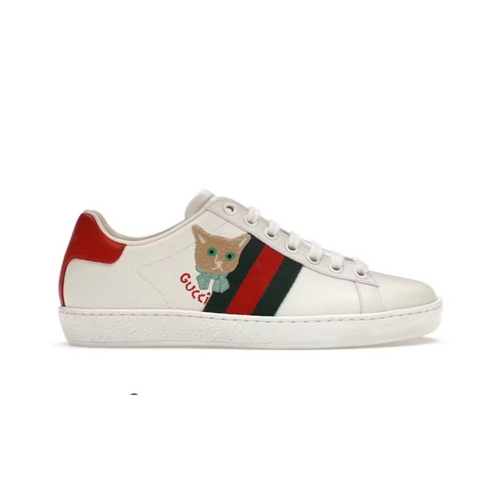 Gucci Ace Mystic Cat Embroidered Stripe Sneakers White Red 664142 IT 37 and US 7